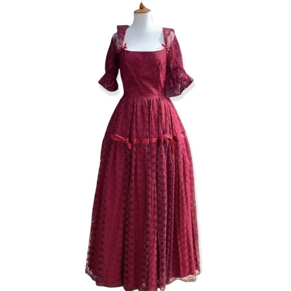Vintage 70s 80s Crimson Lace Full Sweep Victorian Puff Sleeves Petticoat Gown S - Picture 4 of 17